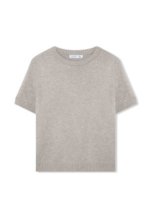 Maglione corto a maniche corte grigio chiaro in maglia con colletto rotondo. Dettagli a coste sulle maniche e sull'orlo inferiore, caratterizzato da una texture liscia.