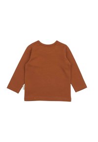 Braunes Langarmshirt aus weichem Stoff, mit einem runden Halsausschnitt und einem Seitenetikett. Glatte Textur, keine Muster oder Akzente sichtbar.