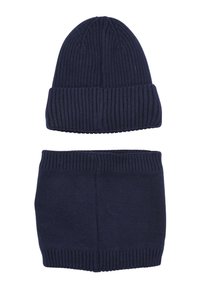 Set di berretto e scaldacollo in maglia a coste blu navy; presenta un risvolto sul berretto e un design senza cuciture per lo scaldacollo.