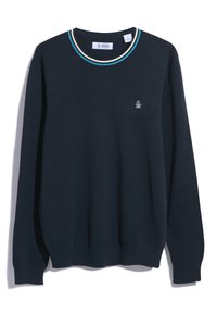 Pull marine à col ras du cou, avec col côtelé multicolore. Texture douce, manches longues et petit logo brodé sur la poitrine.