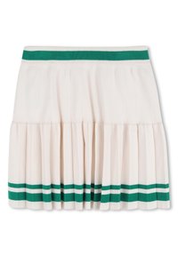 Λευκή πλισέ φούστα με ζώνη μέσης σε πράσινο και λευκό ριγέ. Απαλό ύφασμα με κάθετες γραμμές και φουσκωτό τελείωμα.
