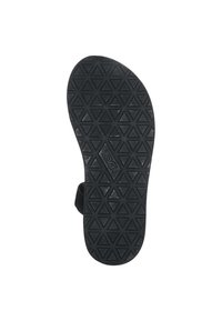 Black rubber sandal sole featuring a textured pattern of interlocking triangles and a logo. The design offers grip and stability.