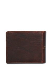 Bruine leren portefeuille met een gladde textuur, met een bi-fold ontwerp en contrasterende stiksels. Heeft een minimalistische stijl en een rechthoekige vorm.