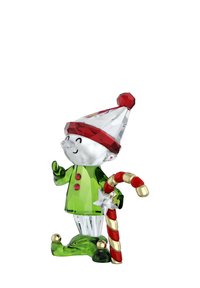 Figurita de cristal de un elfo en verde con acentos rojos, sosteniendo un bastón de caramelo. Presenta un sombrero puntiagudo y una expresión facial, con una textura detallada.