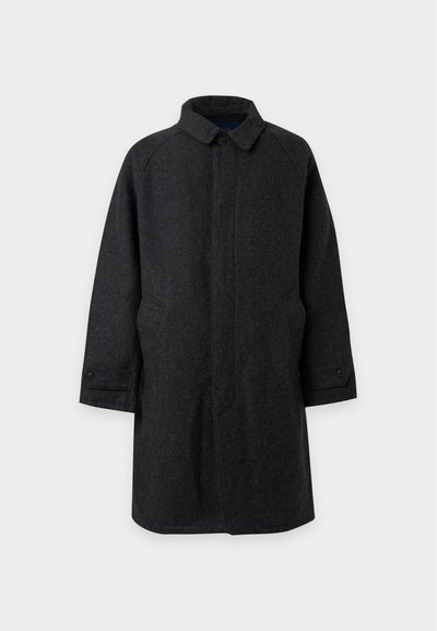 Dark gray long wool coat with buttoned cuffs, collar, and two front pockets, displayed on a light gray background.