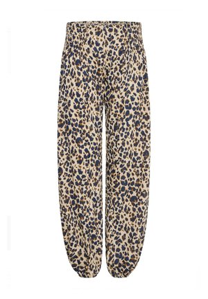 Bež hlače s leopard printom, s tamnoplavim i smeškastim tačkama. Elastična traka u struku i nabrane manžetne na gležnjevima. Mekana tekstura tkanine.