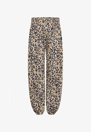 Leopard print pants in beige, featuring dark blue and brown spots. Elastic waistband and gathered cuffs at the ankles. Soft fabric texture.