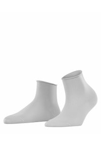 Grå ankelsockor tillverkade av ett slätt, elastiskt material. Har ribbade muddar och förstärkta tåområden. Inga mönster eller detaljer förekommer.