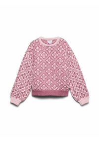 Rozā adīta džemperis ar dimanta un ziedu rakstiem, garām balona piedurknēm un ribotas aprocēm un apakšmalu.