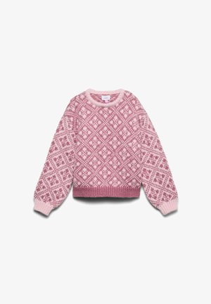 Ružový pletený sveter s diamantovými a kvetinovými vzormi, dlhé balónové rukávy a rebrované manžety a lem.