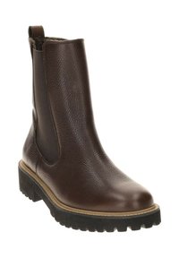 Brown leather ankle boot with textured upper, elastic side panels, pull tab, and a chunky black treaded sole.