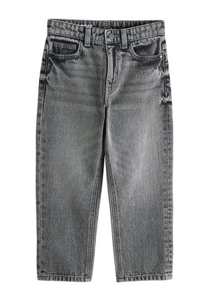 Šedé umyté rovné džínsové nohavice s prednými vreckami, pútkami na opasok a zapínaním na gombík.