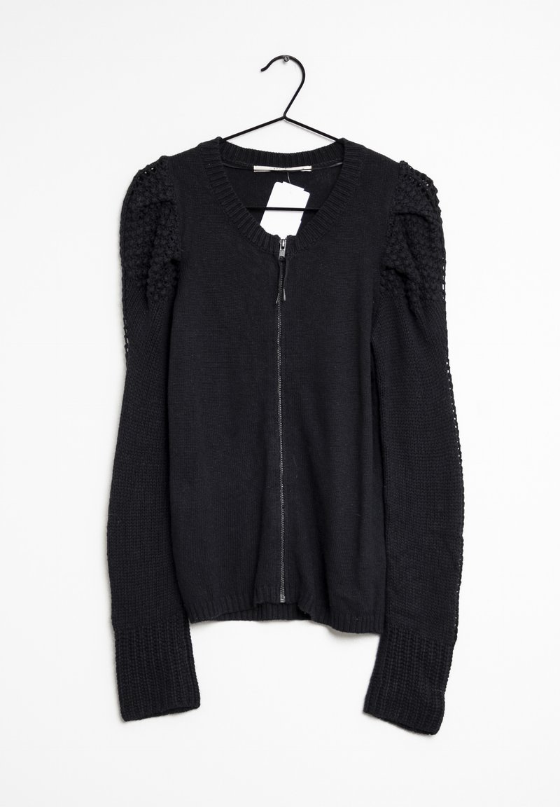 Black zip-up cardigan with textured puff sleeves and ribbed trim. Features a round neckline and a smooth, soft fabric.