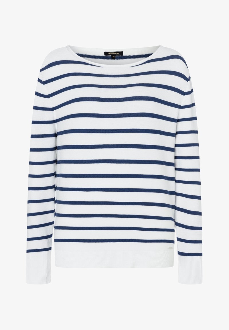 Pull blanc à manches longues avec des rayures horizontales bleu marine, col rond, poignets et ourlet côtelés.