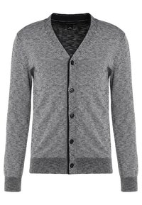 Grå stickad långärmad cardigan med V-hals, fem svarta knappar framtill, samt ribbade ärmslut och fåll.