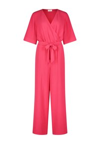 Fuchsia jumpsuit with a wrap design, short sleeves, and a tied waist. Made of smooth fabric with wide legs and no visible fasteners.