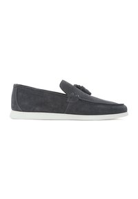 Gray suede slip-on shoe with a textured upper, white rubber sole, and decorative knot detail on the vamp.