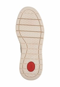 Gaiši beža gumijas zole ar teksturētu rakstu, ar sarkanu apaļu akcentu, kas atzīmēts ar vārdu "Comfort" un izmēru 37.
