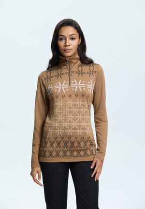 Tan zip-up pullover met geometrische patronen in zwart en wit. Lange mouwen met een soepele textuur, geschikt voor lagen in koel weer.
