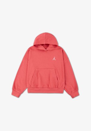 Felpa corallo realizzata in tessuto morbido, con tasca frontale, polsini a costine e un piccolo logo bianco sul petto. Design classico a pullover.