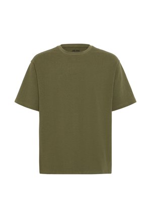 Olijfgroene t-shirt met korte mouwen, ronde hals, gemaakt van zacht katoen, met een relaxte pasvorm en een schone, eenvoudige uitstraling.