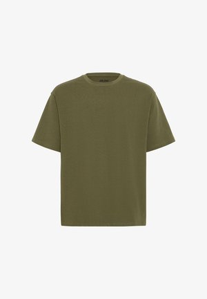 T-shirt a maniche corte verde oliva, con scollatura rotonda, realizzato in morbido cotone, dal taglio comodo e design semplice e pulito.