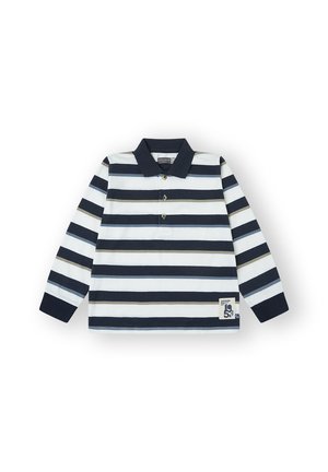 Camisa polo de manga larga a rayas en azul marino y blanco, con cuello, tapeta de tres botones y un pequeño parche gráfico en la parte inferior.