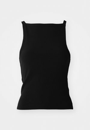 Top in jersey nero a costine con silhouette aderente, dotato di spalline larghe e orlo corto. Texture liscia, design semplice, senza motivi o dettagli.