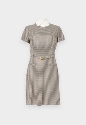 Checkered dress in cream and navy with short sleeves, a white collar, a belted waist, and two front pockets. Smooth texture and classic design.