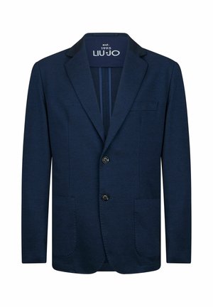 Marineblauw herenblazer met twee knopen, een reverskraag met inkeping, drie zakken aan de voorkant en een label "LIU·JO est. 1995" aan de binnenkant van de kraag.