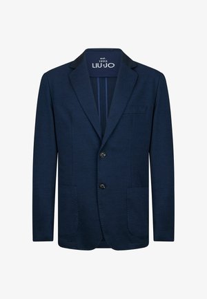 Blazer bleu marine pour hommes avec deux boutons, revers à cran, trois poches avant et étiquette "LIU·JO est. 1995" à l'intérieur du col.