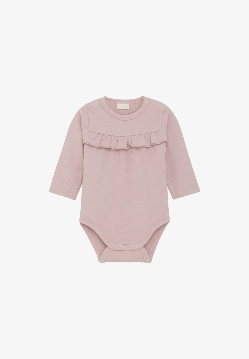 Lange mouwen roze bodysuit van zachte katoen met een gerimpeld accent op de borst en drukknoopjes aan de onderkant voor gemakkelijk verwisselen.
