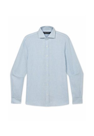 Světle modrá košile s dlouhým rukávem, zapínáním na knoflíky, tenkými bílými vertikálními pruhy a klasickým límečkem, položena rovně na bílém pozadí.