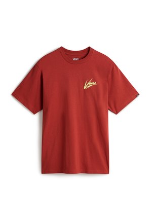 Rotes Baumwoll-T-Shirt mit Rundhalsausschnitt und kurzen Ärmeln. Gelbes Vans-Logo auf der linken Brustseite aufgedruckt.