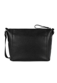Borsa a tracolla nera in pelle con forma rettangolare, superficie texture, tracolla regolabile e chiusura con zip nella parte superiore.