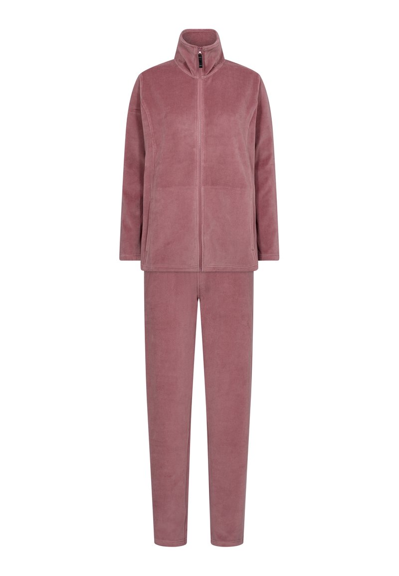 Fleece tracksuit in soft pink, featuring a zip-up jacket with high collar and matching elasticated pants. Smooth texture, simple design.