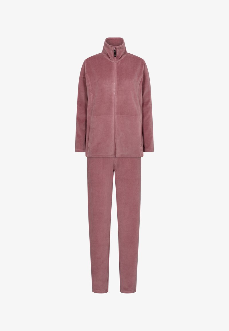 Fleece tracksuit in soft pink, featuring a zip-up jacket with high collar and matching elasticated pants. Smooth texture, simple design.