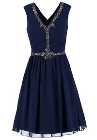Marinblå A-linje klänning med V-ringning, dekorerad byst med metalliska blommönster och en utsvängd, genomskinlig kjol.