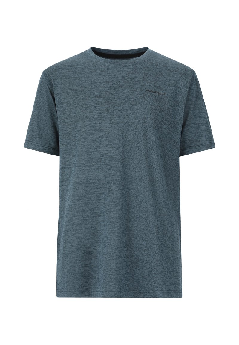 Lyhythihainen, pyöreäkauluksinen t-paita hehkuvassa tumman sinisessä kankaassa, jossa on hienovarainen "ENDURANCE"-logo edessä. Pehmeä, teksturoitu pinta.