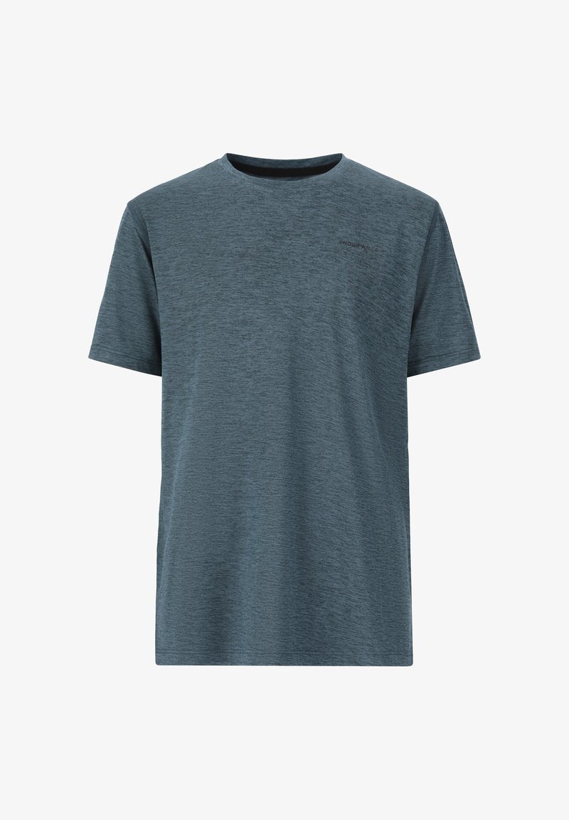 T-shirt à manches courtes, col rond, en tissu bleu foncé chiné, arborant un logo "ENDURANCE" subtil à l'avant. Surface douce et texturée.