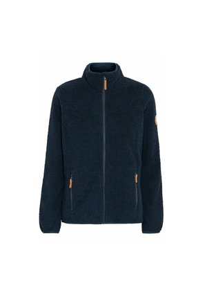 Donkerblauwe fleecejack met een hoge kraag, voorkant met rits en twee zijzakken met beige ritsen. Zachte, gestructureerde stof.