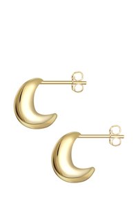 Gold crescent-shaped earrings with a smooth, shiny surface and a post backing featuring a circular clasp.