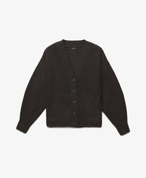 Brown cardigan made of soft fabric, featuring a V-neck, long sleeves, and six black buttons down the front. Textured ribbed trims.