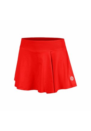 Roter Sportrock mit weitem elastischem Bund und kleinem weißen Rundlogo nahe dem Saum auf der rechten Seite.