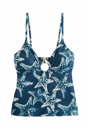 Niebieski top tankini z białym wzorem rozgwiazd, regulowanymi cienkimi ramiączkami oraz wycięciem w kształcie otworu na klucz z złotym zapięciem na środku z przodu.