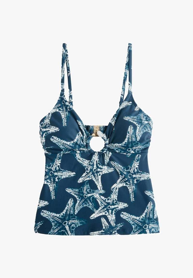Haut de tankini bleu avec motif étoiles de mer blanches, bretelles fines réglables et découpe en forme de trou de serrure avec fermoir doré au centre devant.