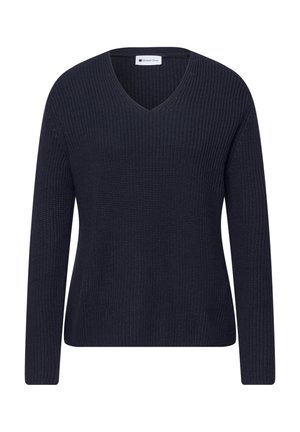 Suéter de punto azul marino de manga larga con escote en V y textura de gofre de Street One.