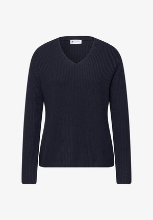 Granatowy, długi sweter dzianinowy z długim rękawem, dekoltem w serek i fakturą waflową od Street One.