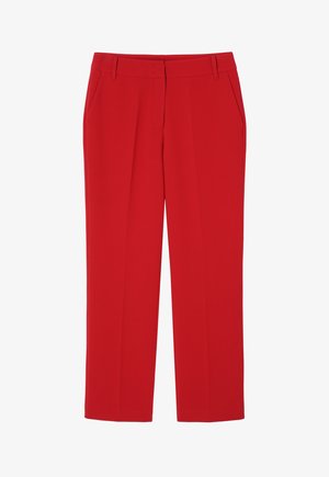 Red tailored trousers with a smooth texture, featuring a straight leg design, front pockets, and clean stitching without visible hardware.