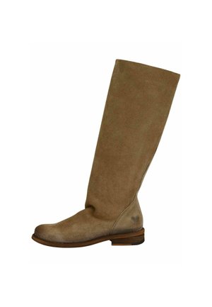 Kniehoge bruine suède laarzen met een ronde neus, een gladde textuur, minimale zijnaad en een lage gestapelde hak.